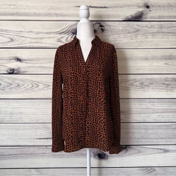 The Limited Brown Leopard Print V Neck Button Down Long Sleeve Blouse - Picture 3 of 10